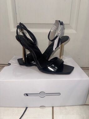 Aldo Black Strappy Sandals with Gold Stiletto Heel